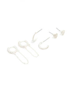 Heart Earrings: Silver Diamante Heart Hoop & Chain Earrings 3-Pack