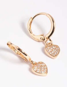 Heart Earrings: Gold Cubic Zirconia Heart Charm Huggie Hoop Earrings