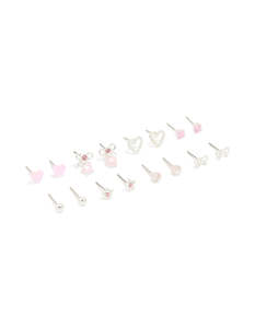 Silver Pink Diamante Heart & Bow Mixed Earrings 8-Pack