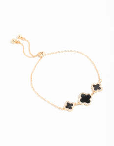Gold Cubic Zirconia Black Flower Trio Toggle Bracelet