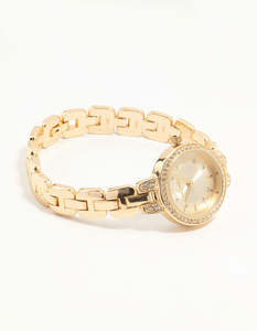 Watches: Gold Small Diamante Round Strap Watch