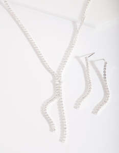 Silver Cubic Zirconia Cup Chain Y Necklace & Earrings Set