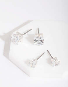Bridal Party: Silver Cubic Zirconia Square Stud Earring Pack