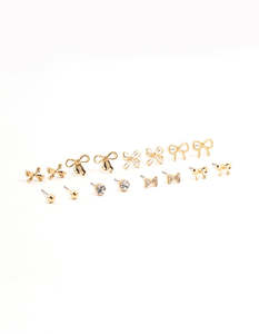 Stud Earrings: Gold Diamante Mixed Bow Earrings 8-Pack