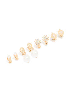 Clip On Earrings: Gold Diamante & Pearl Clip-On Earrings 4-Pack