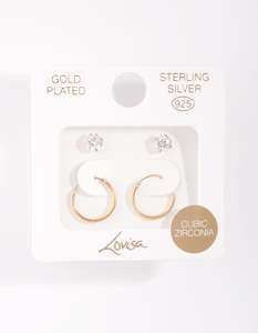 Gold Plated Sterling Silver Earrings: Gold Plated Sterling Silver Diamante Stud & Hoop Pack