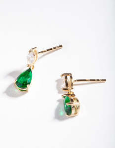 Gold Plated Sterling Silver Earrings: Gold Plated Sterling Silver Green Cubic Zirconia Teardrop Earrings