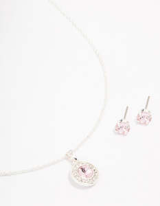 Silver Round Diamante Pink Halo Jewellery Set