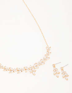 Gold Cubic Zirconia Leaf Vine Necklace & Earrings Set