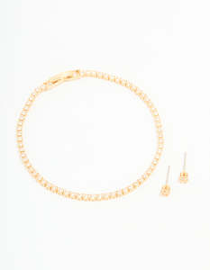 Jewelry Sets: Gold Plated Cubic Zirconia Small Tennis Bracelet & Earrings Set