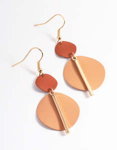 Brown: Brown Disc & Stick Drop Earrings