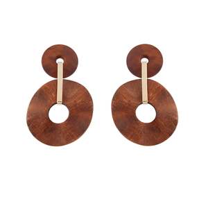 Brown: Brown Wooden Wavy Disc Earrings