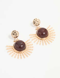 Gold & Brown Stone Circular Fan Drop Earrings