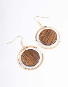 Brown: Brown Round Wood Drop Earrings