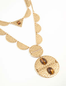 Brown: Antique Gold Textured Brown Circle Disc Layered Necklace