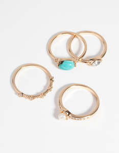 Stacking Rings: Gold Pearl & Semi-Precious Ring 4-Pack