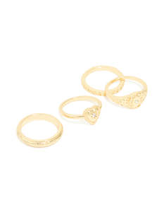 Gold Plated Diamante Heart Signet & Stamped Rings 4-Pack