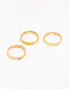 Waterproof Gold Plated Stainless Steel Cubic Zirconia Stacking Rings 3-Pack