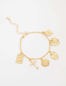 Cross: Gold Plated Cross Heart & Sun Charm Bracelet
