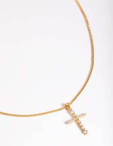 Cross: Gold Plated Cubic Zirconia Cross Chain Necklace
