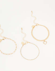Gold Diamante Mixed Chain Heart Bracelets 3-Pack