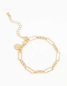 Gold Plated Brass Alternating Trio Cubic Zirconia Rectangle Link Bracelet