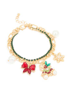 Charms: Gold Green Diamante Cup Chain & Festive Charm Layered Bracelet