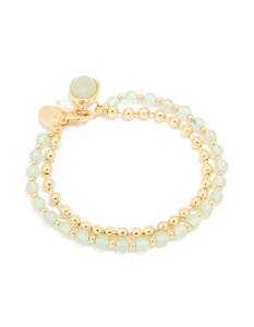 Charms: Gold Plated Green Semi Precious Stone Pearl & Ball Charm Layered Bracelet