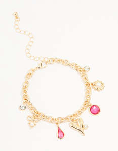 Gold Pearl & Pink Diamante Charm Bracelet