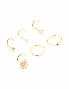 Sensitive Jewelry: Gold Plated Surgical Steel Cubic Zirconia Flower Nose Ring & Stud 6-Pack