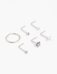 Sensitive Jewelry: Surgical Steel Cubic Zirconia Flower Nose Piercing 6-Pack