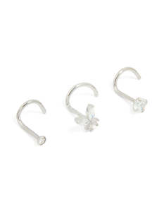 Sensitive Jewelry: Surgical Steel Butterfly & Diamante Nose Studs 3-Pack