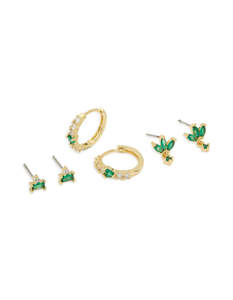 Premium Gifts: Gold Plated Brass Emerald Flower Stud & Huggie Earrings 3-Pack