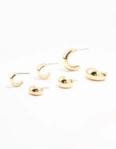 Gold Plated Brass Chunky Hoop Earrings 3-Pack