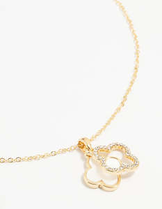 Pink: Gold Plated Diamante Outline Pendant Flower Necklace