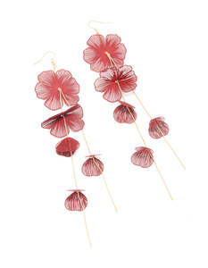 Gold Red Laser Cut Flower Drop Earrings