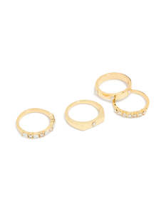 Gold Plated Diamante Inlay & Band Rings 4-Pack