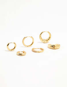 Clickers Hinged Rings: Gold Plated Brass Organic & Cubic Zirconia Clicker Earrings 3-Pack