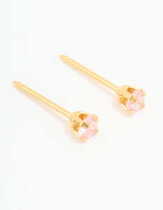 24KT Gold Plated Surgical Steel 3MM Pink Cubic Zirconia Piercing Stud