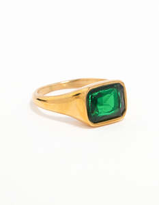 Green: Waterproof Gold Plated Stainless Steel Opulent Green Cubic Zirconia Signet Ring