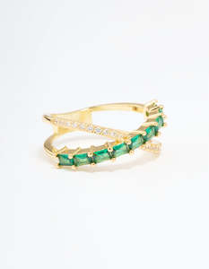 Gold Plated Green Cubic Zirconia Criss Cross Ring