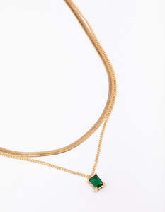 Green: Gold Plated Baguette Snake Emerald Layered Necklace