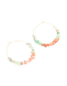 Green: Gold Plated Multicoloured Semi Precious Stone Chip Hoop Earrings