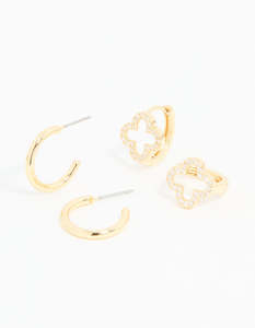 Ear Stacks: Gold Plated Cubic Zirconia Flower & Plain Huggie Earrings 2-Pack