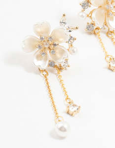 Multi: Gold Plated Acrylic Flower Pearl Drop Earrings