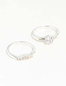 Engagement Rings: Silver Plated Round Cubic Zirconia Ring Set