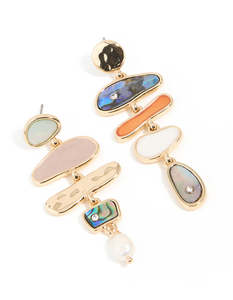 Red: Gold Multicoloured Genuine Shell Mixed Shape Drop Earrings