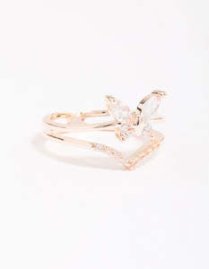 Rose Gold: Rose Gold Plated Cubic Zirconia Butterfly Double Band Ring