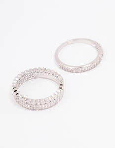 Rhodium Cubic Zirconia Double Band Double Stack Ring