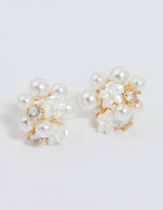 Pearl Earrings: Gold Plated Cubic Zirconia Pearl Cluster Stud Earrings